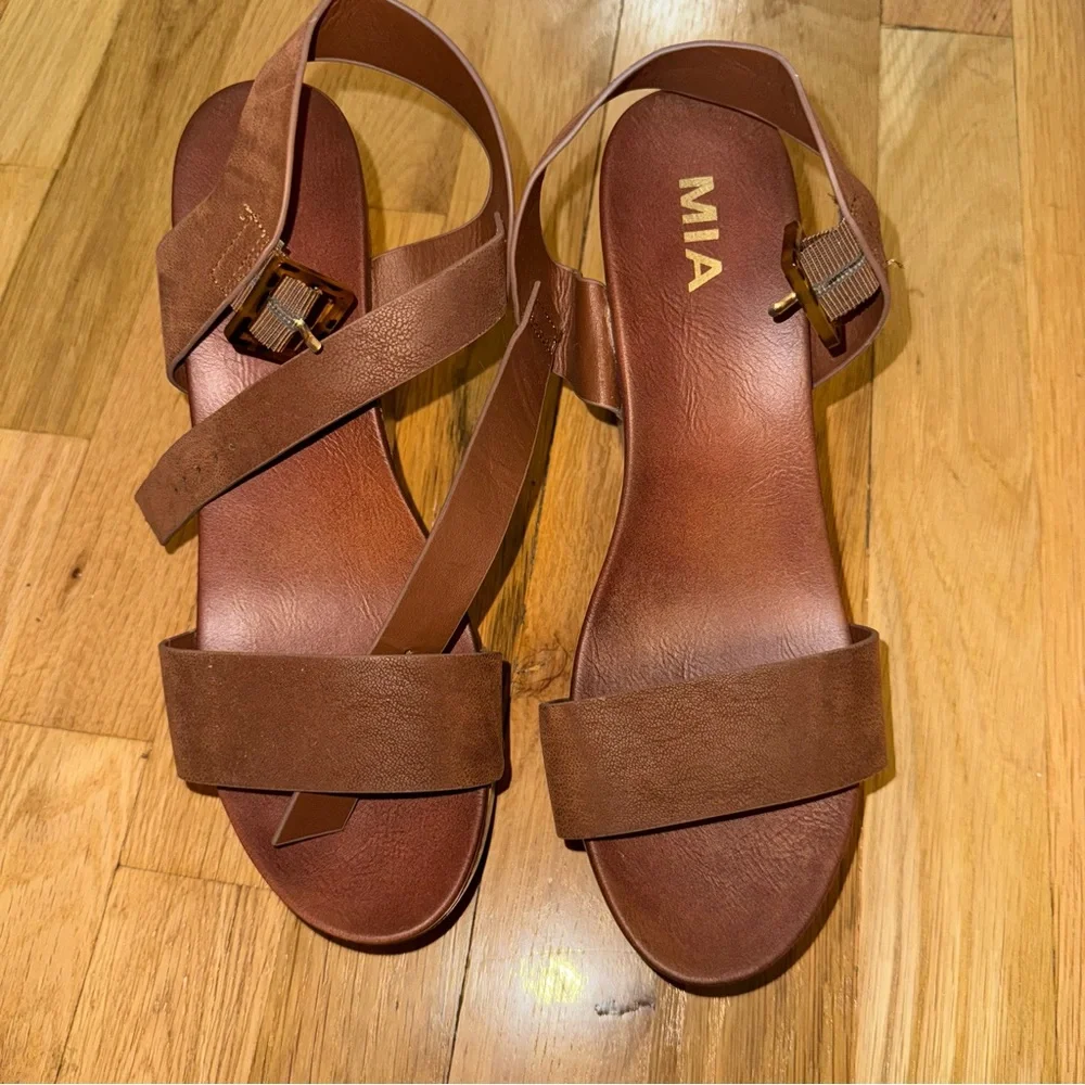 MIA Brown Leather Strappy Wedge Sandals